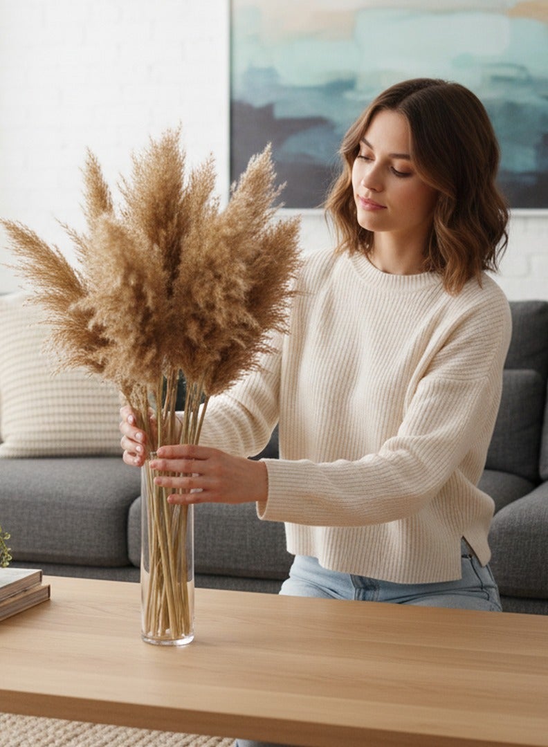 فانسي فلورز عشب بامباس طبيعي ناعم مجفف – سيقان بامباس منفوشة باللون البيج للديكور المنزلي والمناسبات - Image 4